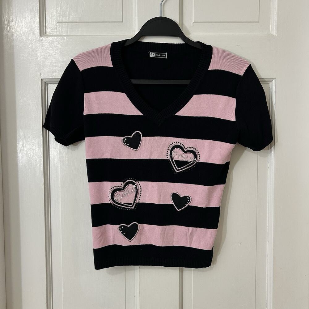 AK Anne Klein Pink Striped‎ Short Sleeve Heart Y2K Top Embellished Bling Sz S?